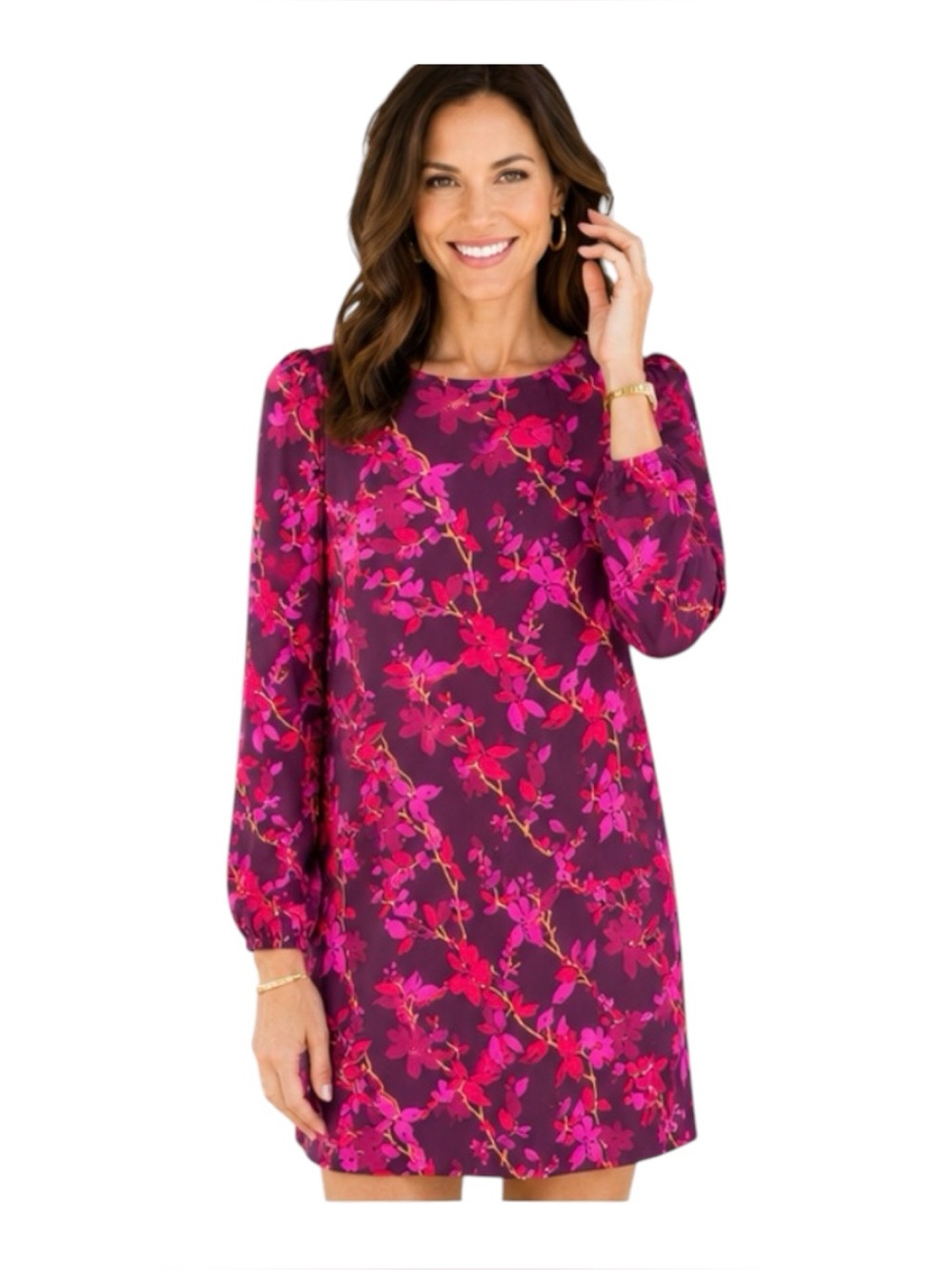 Jude Connally Dress Size XS Magenta Floral Puff Shoulder Long Sleeve